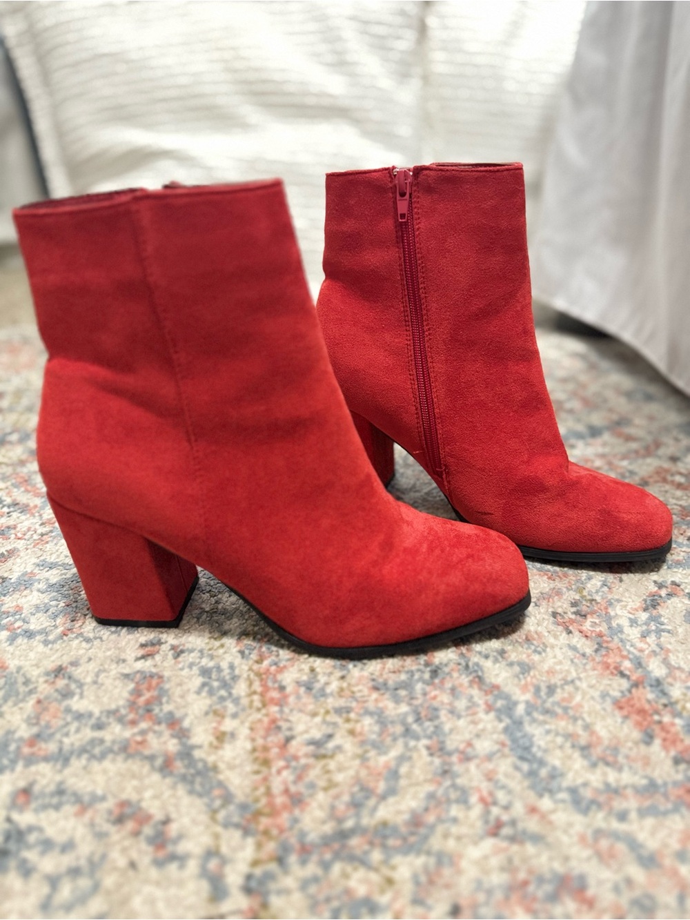 Suede Red Block Heel Ankle Boots